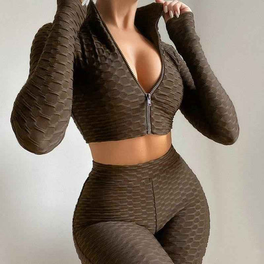 Women’s 2-Piece Yoga Workout Set – Solid-Color Zipper Top & High-Waisted Shorts