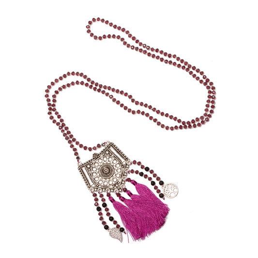 Long Crystal Necklaces With Patterned Metal Pendant
