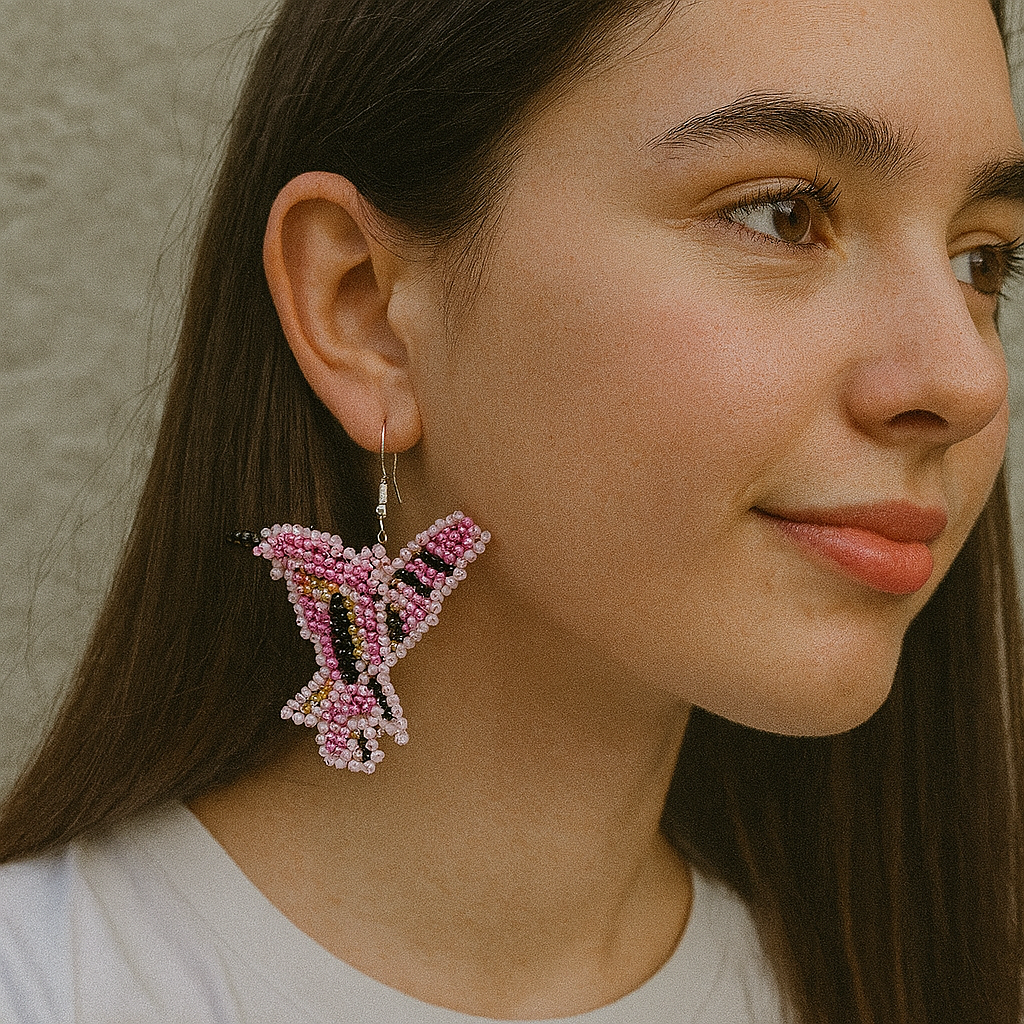 Pink Black Beaded bird Earrings