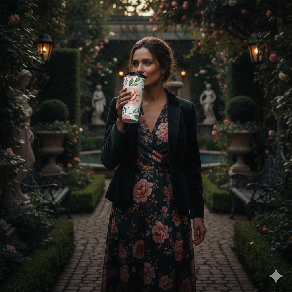 Peach Floral Pattern Stainless Steel Travel Mug | Botanical Leaves - AURABAGS SHOP