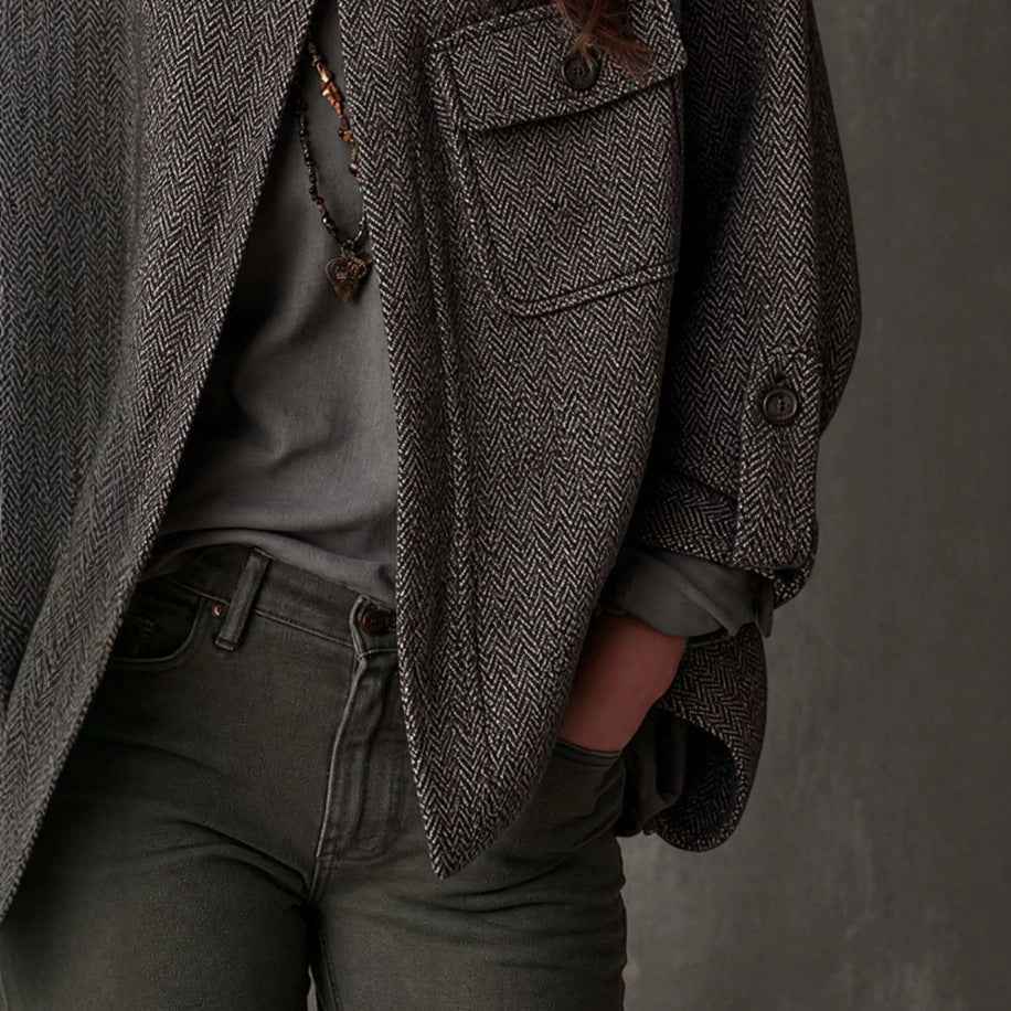 Women’s Vintage Oversized Herringbone Wool Coat – Long Relaxed-Fit Winter Outerwear Jacket