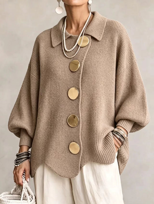 Women’s Button-Down Knit Cardigan – Lapel Collar Long-Sleeve Loose-Fit Fall & Winter Sweater
