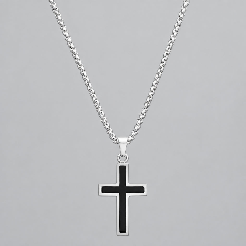 Men's Stainless Steel Silver and Black Cross Pendant Necklace