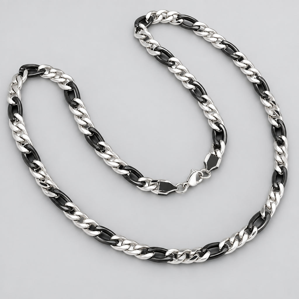 Men’s Two-Tone Stainless Steel & Black IP Figaro Chain Necklace for Bikers