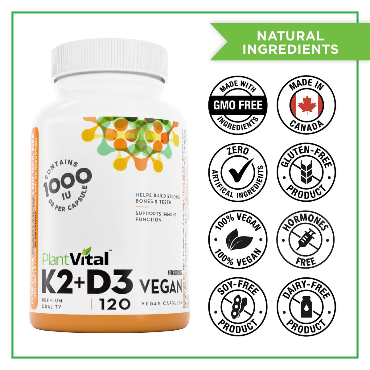 PlantVital High-Potency Vegan Vitamin D3 + K2 -Made in Canada - (1000IU /25 mcg + 120 mcg) for Bones, Teeth and Immune System - Patented MK7 Form - K2 D3 vitamin - 4 Months Supply - 120 Capsules. 🍁 All In One Marketplace Canada