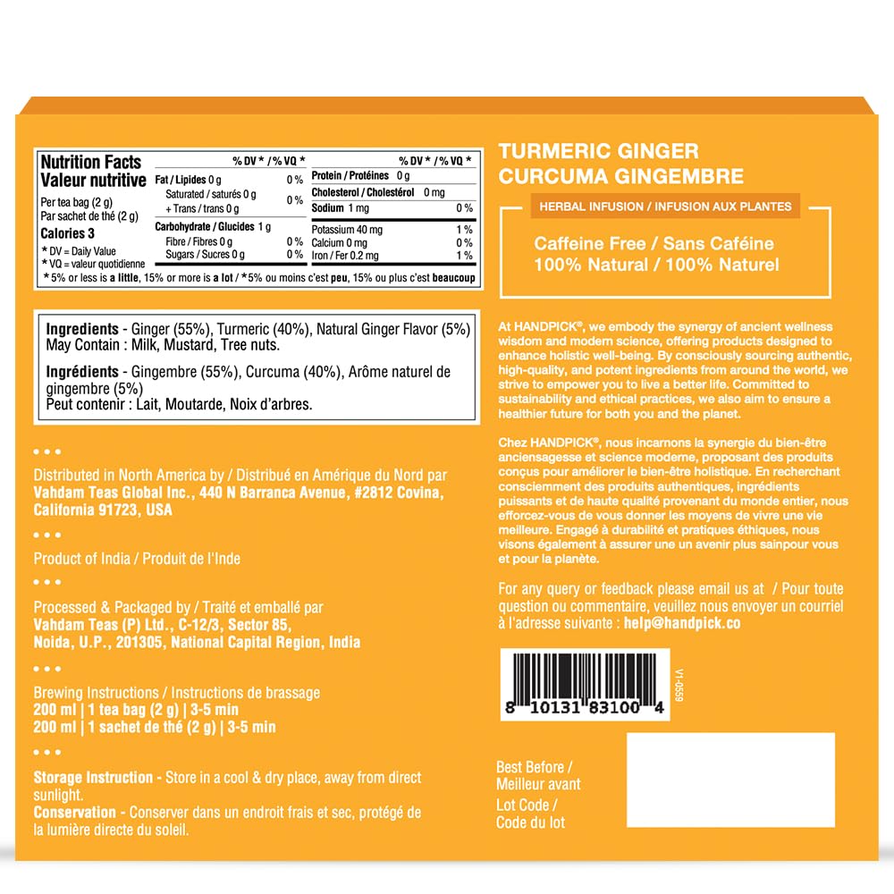 HANDPICK, Turmeric Ginger Tea, 100 Eco-Conscious Tea Bags | Caffeine Free, Gluten Free | 100% Pure Herbal Blend - Savory & Spicy | Curcumin | Packed in Eco-Friendly Tea Bags đ All In One Marketplace Canada