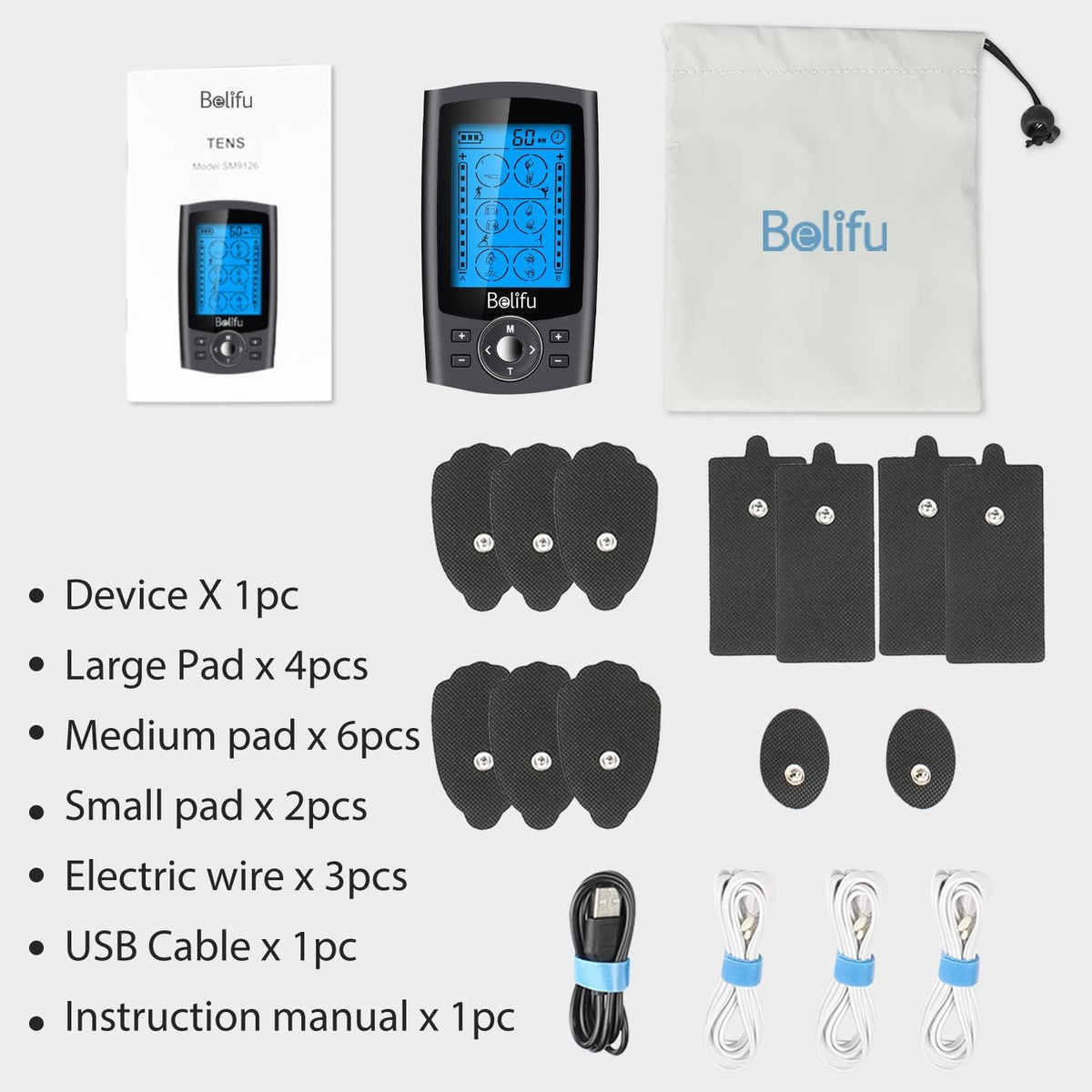 Belifu Dual Channel TENS EMS Unit with 12 Pads, 24 Modes Muscle Stimulator, Electronic Pulse Massager Muscle Massager for Pain Relief Therapy, Fastening Cable Ties, Dust-Proof Drawstring Storage Bag š All In One Marketplace Canada