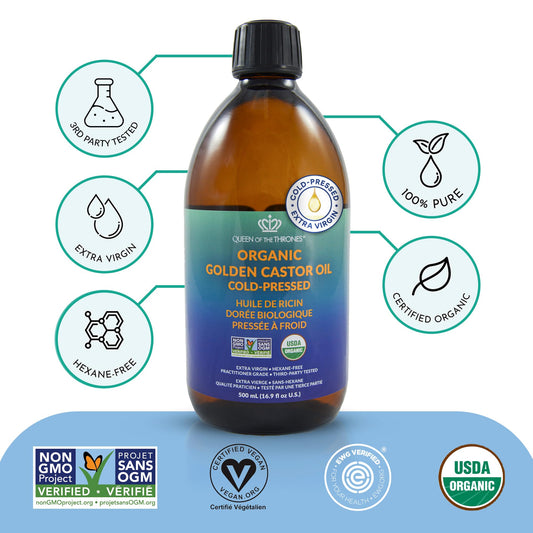 Queen of the Thrones Organic Golden Castor Oil - Pure Cold-Pressed Castor Oil for Self-Care - Multipurpose Clean Beauty Product for Hair, Nails & Skin - Silicone Precision Pump - 16.9 fl oz 🍁 All In One Marketplace Canada