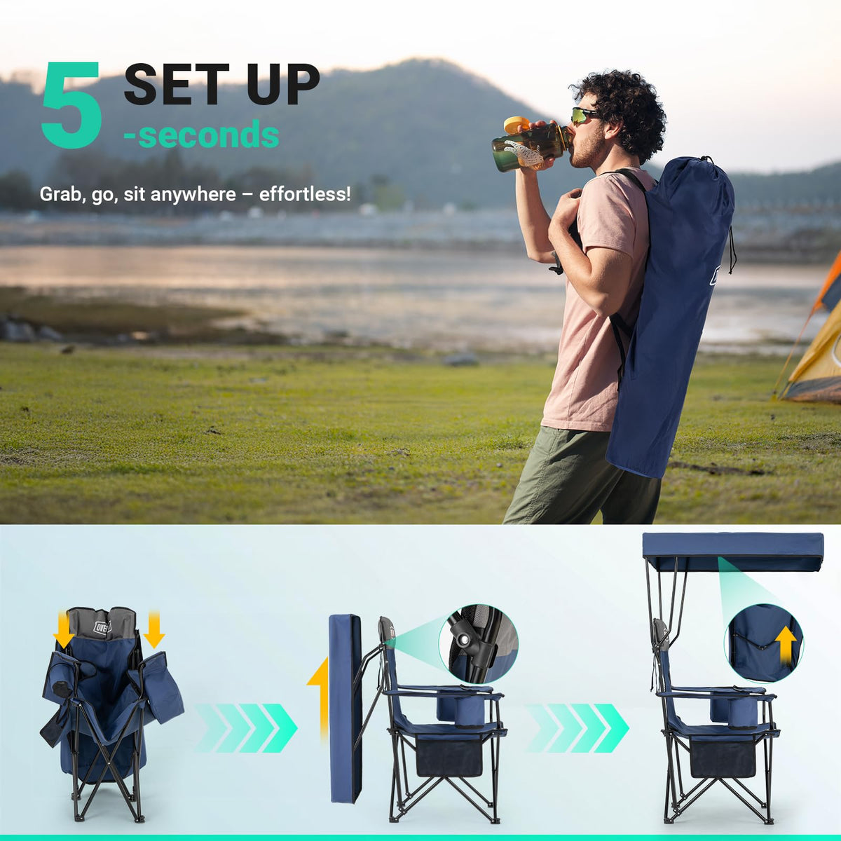 Overmont Beach Chair with Cooler and Umbrella - Sunshade Backpack Folding Canopy Chair with Two Arm Rest Cup Holder Carry Bag - Portable for Sand Camping Travel Outdoor Pool 330 lbs Blue đ All In One Marketplace Canada