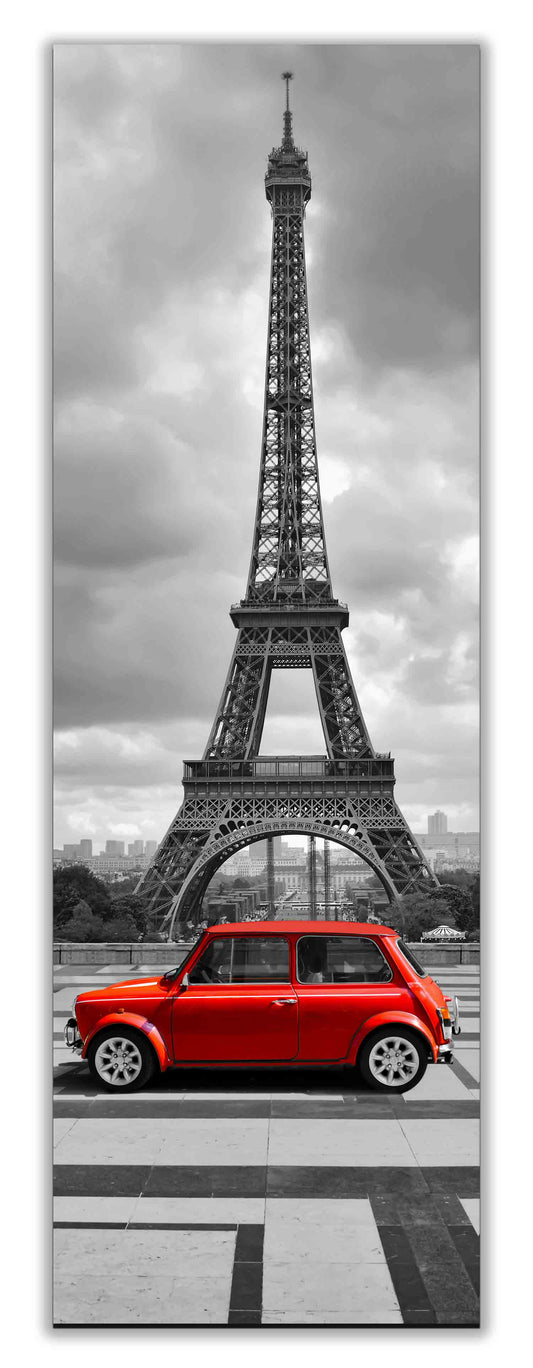 Wandbild Eiffelturm Schwarz-Weiß mit rotem Auto im Vordergrund 24" x 72" Fine Art Leinwand