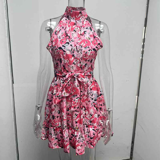 Women's Floral Halter Dress – Summer Lace-Up Ruffle Maxi Dress