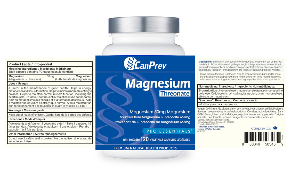 CanPrev Magnesium L-Threonate 50mg, 120 Capsules 120-Day Supply - Optimal Absorption Formula for Improve Sleep, Muscle Function, Maintain Healthy Electrolyte Balance - Vegan, Non-GMO and Gluten-Free 🍁 All In One Marketplace Canada