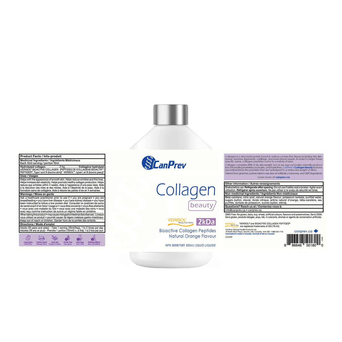CanPrev Collagen Beauty Liquid, 500ml 50-Day Supply - Skin Smoothness & Elasticity in 28 Days - Free from Dairy, GMO and Gluten - Features Verisol Bioactive Collagen Peptides for Radiance and Support ๐ All In One Marketplace Canada