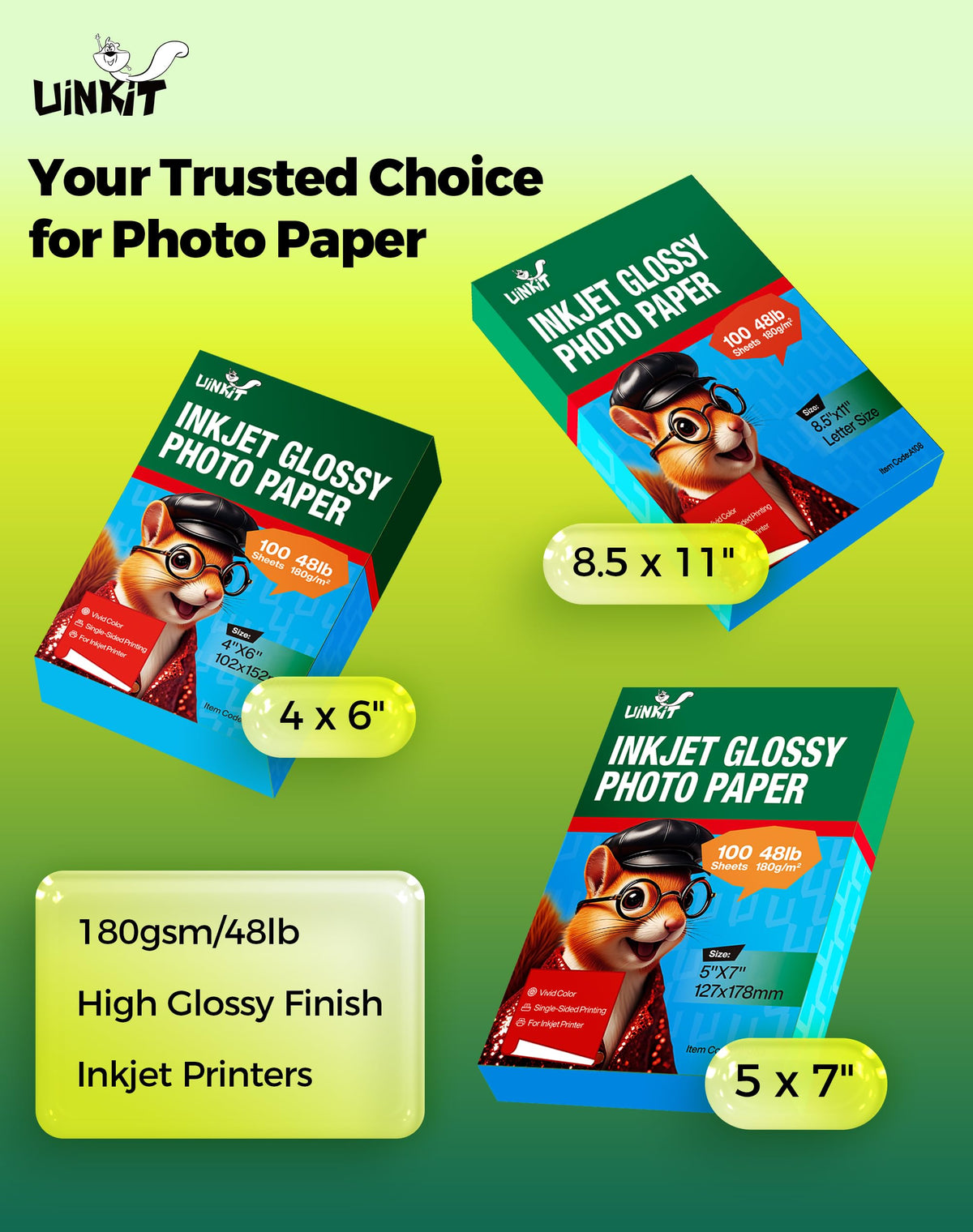 Uinkit Glossy Inkjet Photo Paper 8.5x11 Inches 100 Sheets 48lb Dye Ink 180Gsm Professional Photographic Paper Letter Size 8.5mil Instant Dry Suitable for All Dye Ink Printers (100, 8.5x11Inches) đ All In One Marketplace Canada