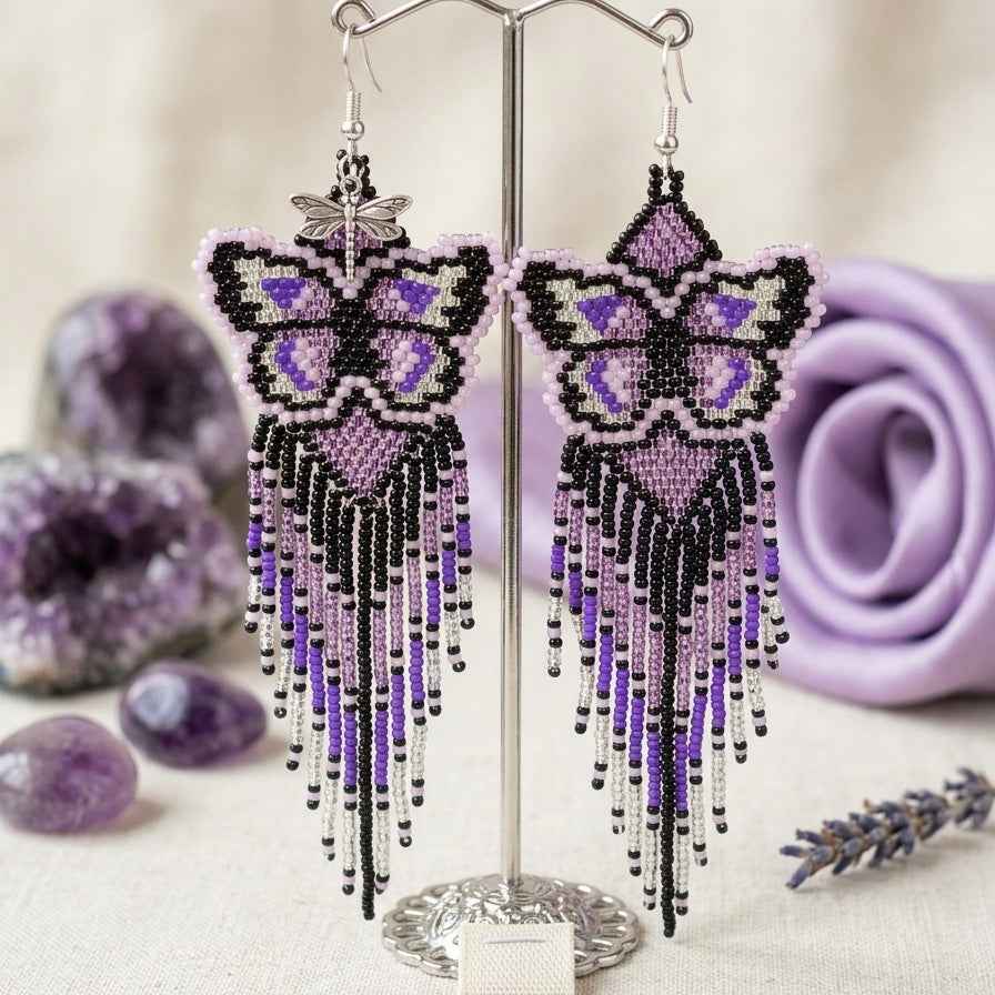 Purple Beaded Dancing Wing Earrings
