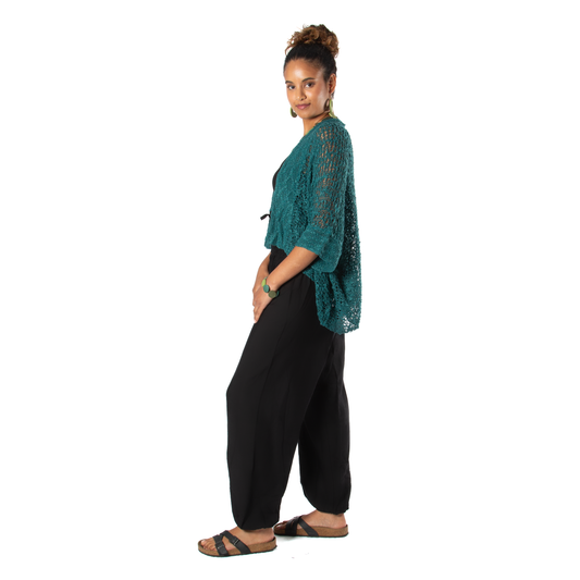 Popcorn Knit Short Sleeve Cardigan - Jade Green