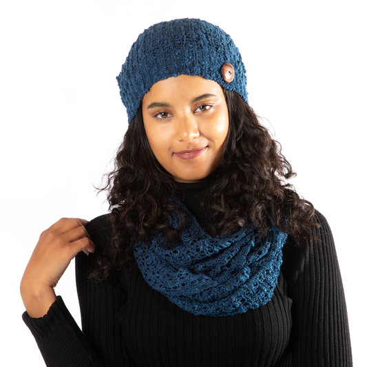 Popcorn Knit Infinity Scarf - Blue
