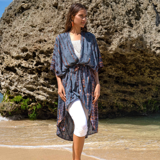 Long Kimono In Denim & Gold Tie Dye