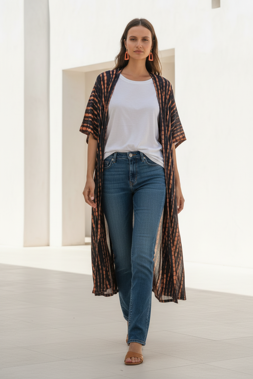 Long Kimono In Orange & Black Tie Dye