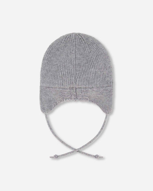 Lined Baby Knit Hat With Ears And Strings Heather Gray