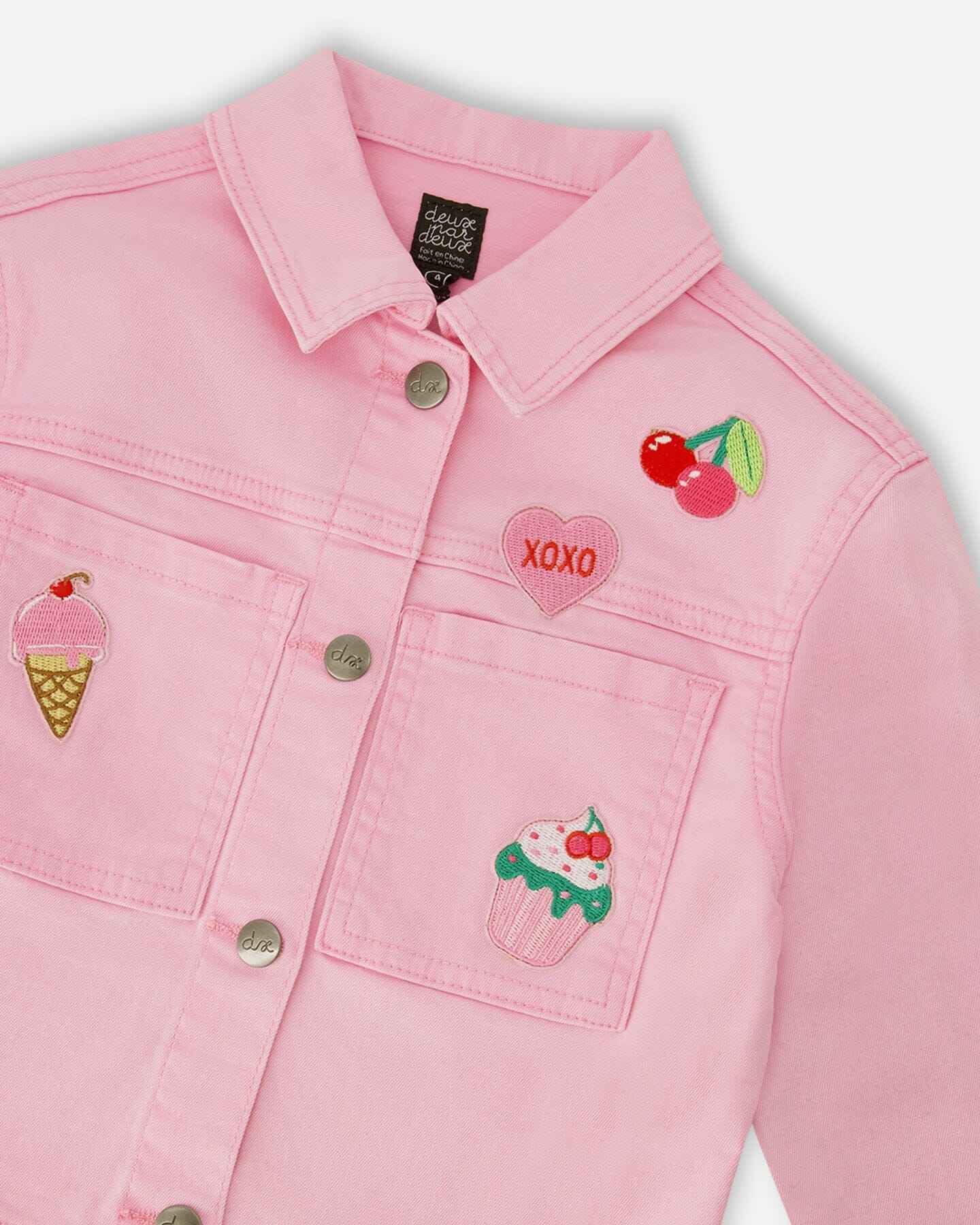 Pink Denim Jacket With Embroidered Patches