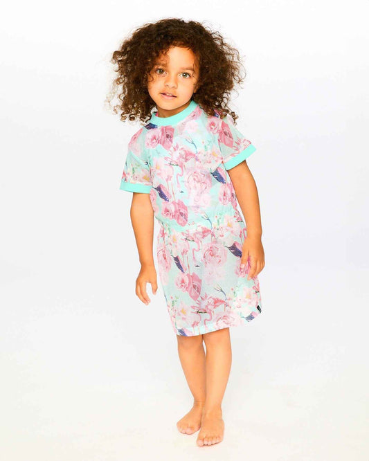 Mesh Beach Dress Blue Flamingo Print