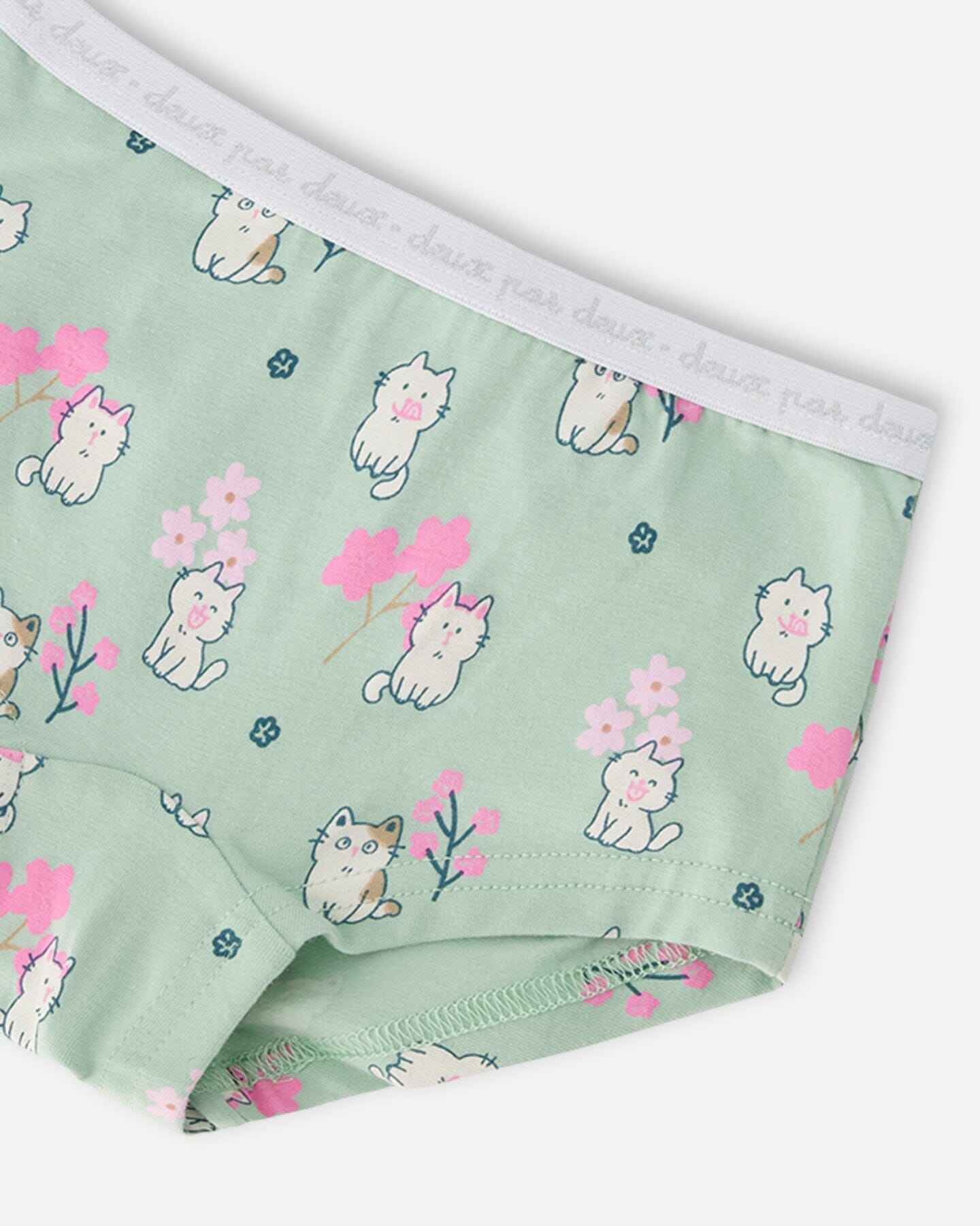 Organic Cotton Boyshort Panty Green Kitten Print