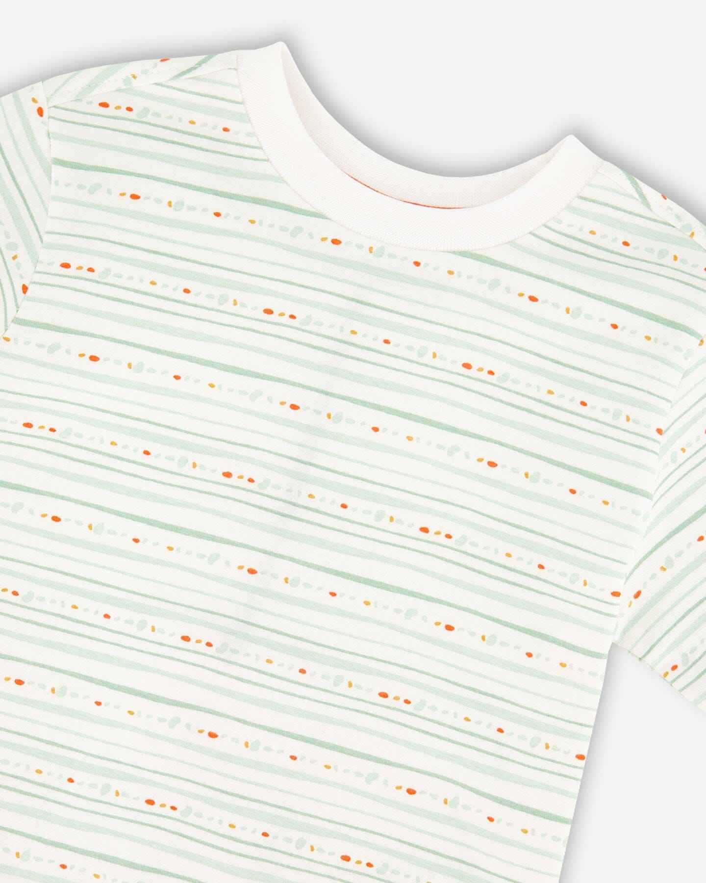 Organic Cotton T-Shirt White Printed Mint Green Lines