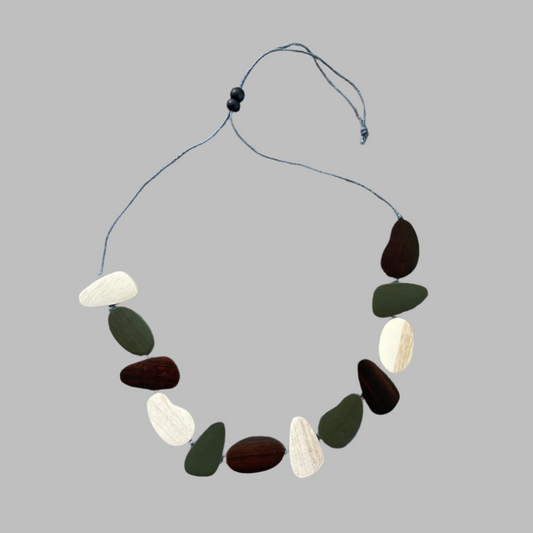 Wooden Pebble Necklace -Green, Brown & Cream