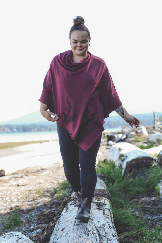 Merlot Poncho with Fern Print