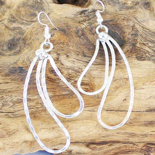 Double Teardrop Metal Earrings - Silver Colour