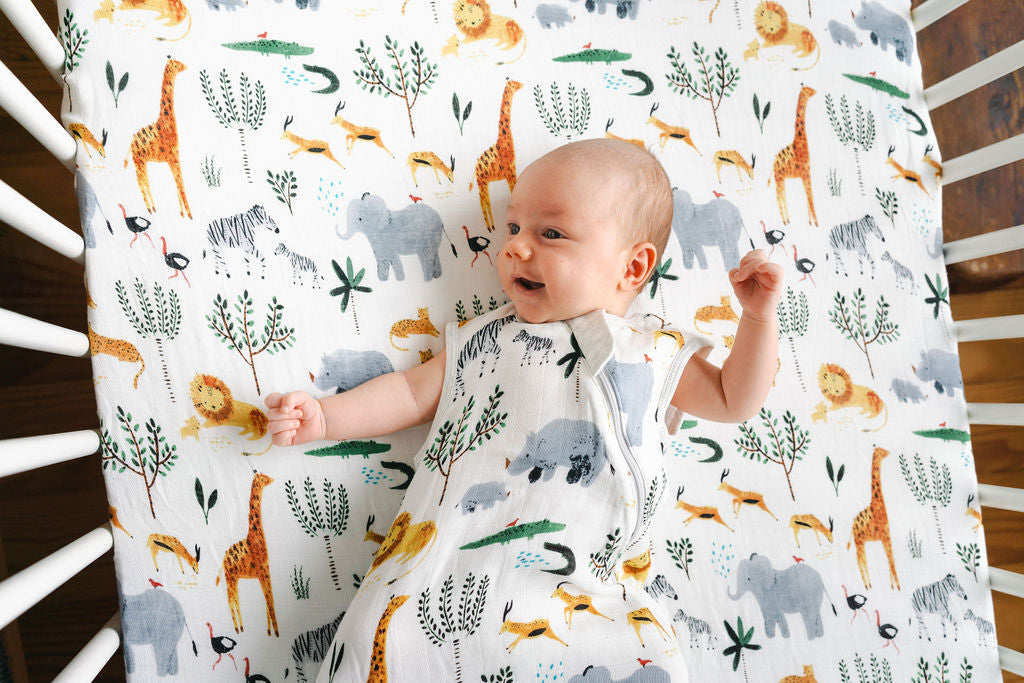 Baby Muslin Sleep Bag 0.5 TOG in Tanboocel® Bamboo Viscose - Safari Jungle