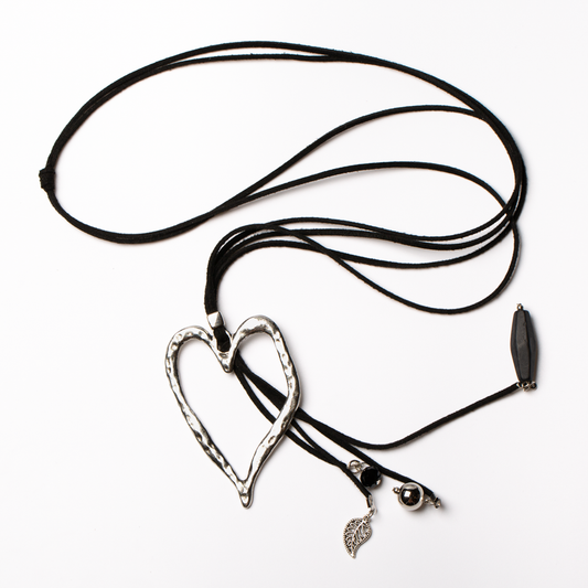 Long Open Heart Pendant On Suede With Charms