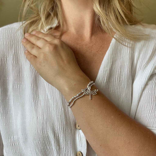 Double Strand Bracelet With Dragonfly Pendant In Silver Plate