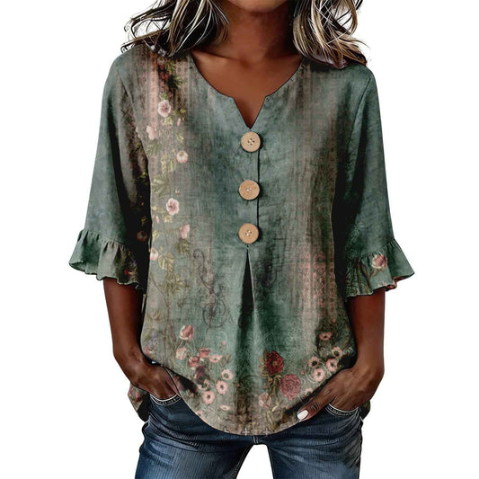 Womens Three-quarter-sleeve Buttoned Blouse With A Floral Pattern