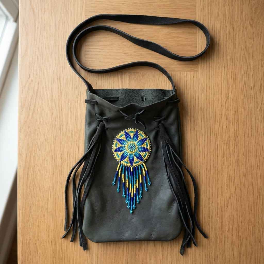Beaded Suede Phone Pouch ~ Blue