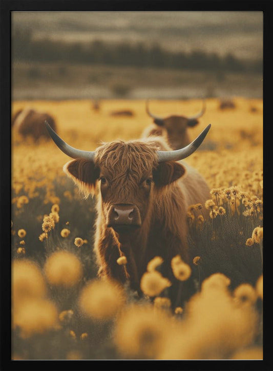Wandbild Highland-Rinder auf Blumenwiese