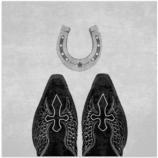 Wandbild Schwarz-Weiß Cowboystiefel und Hufeisen