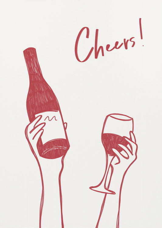 Wandbild Wein-Illustration & Text „Cheers“ (schwarz-weiß)