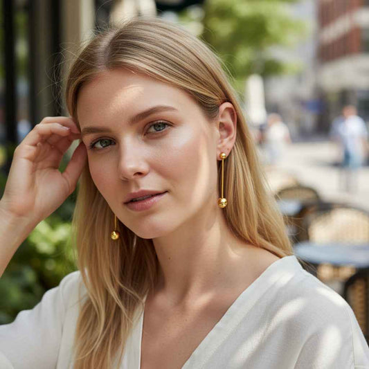Hanging Ball Stud Earring- Gold Stainless Steel