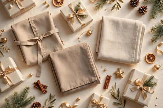 Christmas gifts for couples and families flat-lay with folded aprons and gift boxes on a warm cream background
