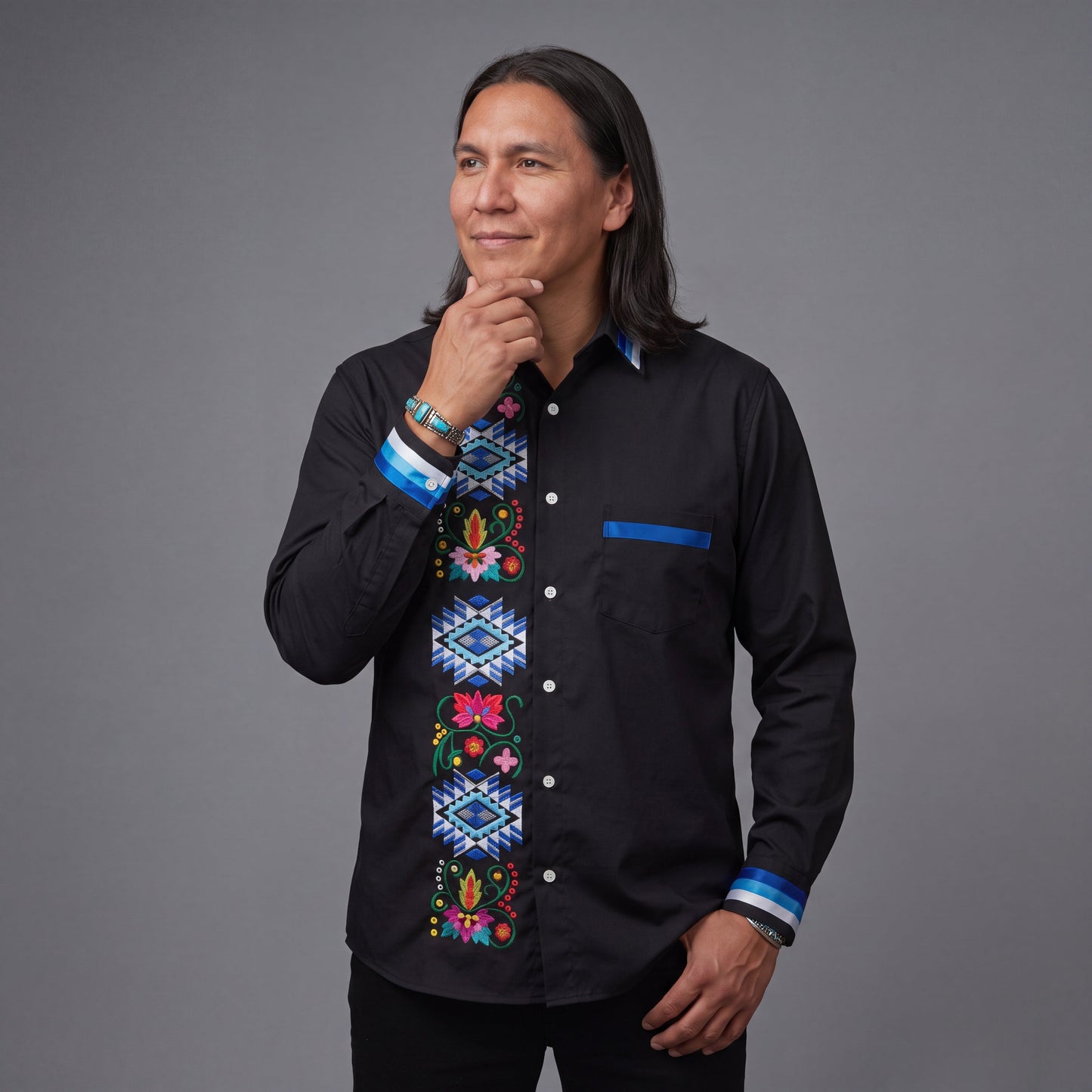 Embroidered Ribbon Shirt (Blue)
