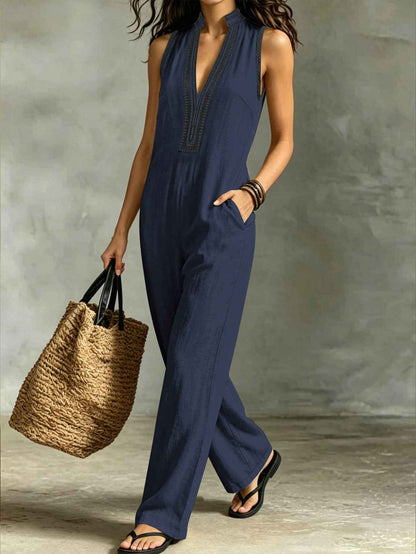 Women’s Sleeveless Stand Collar Jumpsuit – V-Neck Lace Trim Wide-Leg Pants with Pockets