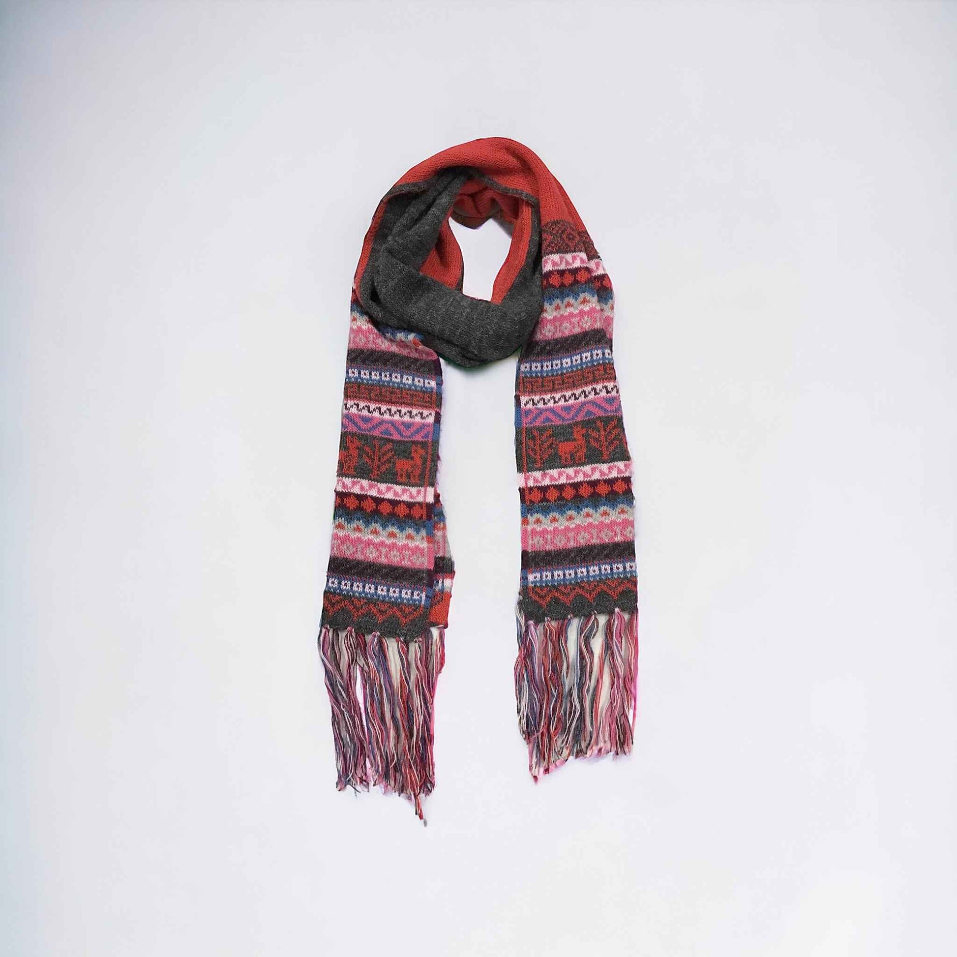 Red and Greyish Black Handmade Reversible Alpaca Scarf