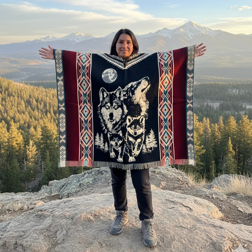 Wolf w/puppy wolf HandMade Wool Poncho