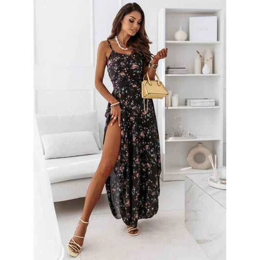 Women's Printed Suspender Belted Irregular Hem Dress