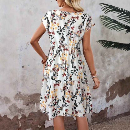 Women's Floral Print Casual Short-Sleeve Crew-Neck Dress – Japanese/Korean Casual Style
