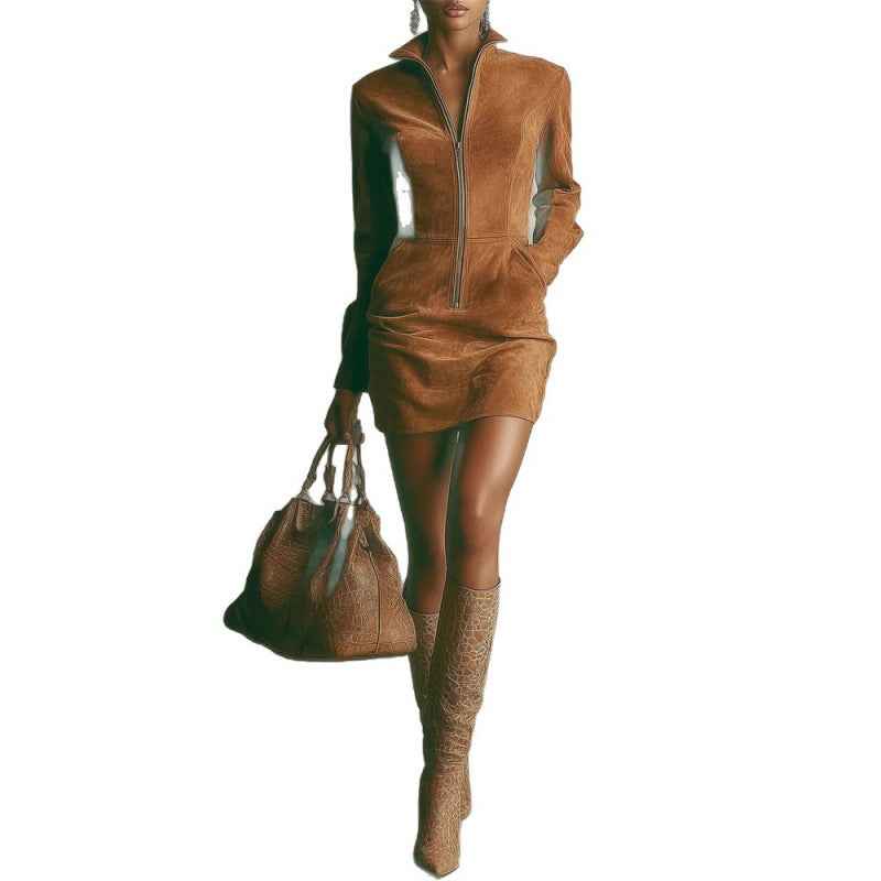Deerskin Velvet French Long-sleeve Zipper Dress Short Skirt