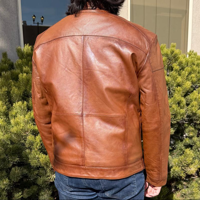 BOL Men’s Snap Collar Leather Racer Jacket. Genuine Sheep Leather Cafe Racer with 4 Zip Pockets