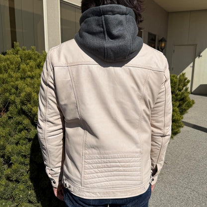 Men’s Hooded Leather Jacket. Sheep Leather Jacket with Removable Hood
